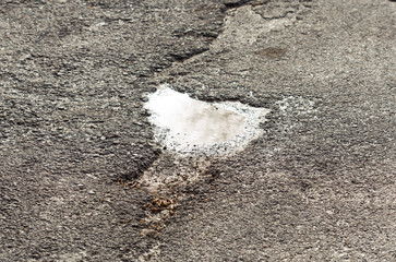 rain puddles on the pavement in the city