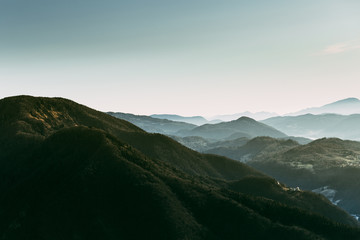 Foggy morning mountain landscape in Slovenia