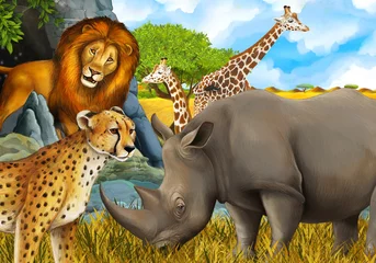 Badkamer foto achterwand cartoon scene with giraffes rhinoceros rhino and cheetah on the meadow near some mountain safari illustration for children © honeyflavour