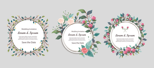 set wedding invitation cards circular with flowers and leafs vector illustration design