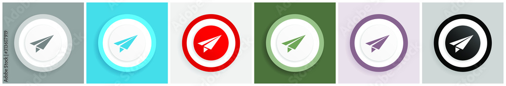 Poster paper plane icon, fly, flight, airplane vector illustrations in 6 colors options for web design and 