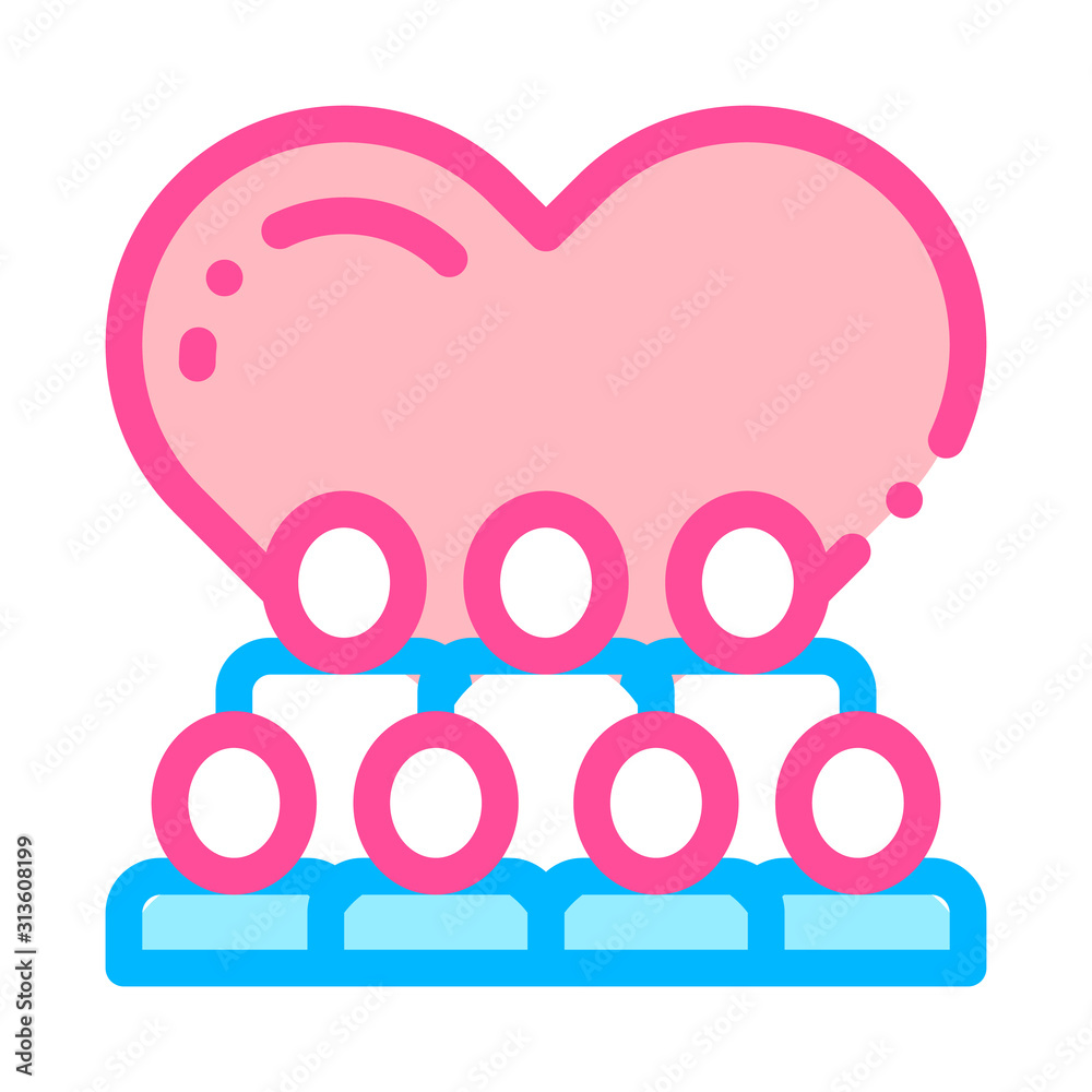 Poster Volunteers Support Love Vector Thin Line Icon. Volunteers Support, Charitable Organizations Linear Pictogram. Heart On Building, People Silhouette And Blood Donor Illustration