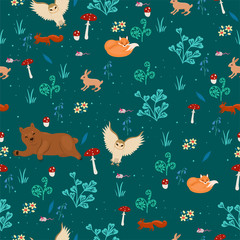Seamless pattern with animals in the forest. Vector graphics.