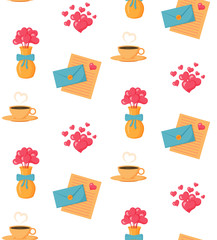 Seamless pattern of Valentine's Day. Cartoon flat style. Isolated on white background. Printing on fabric, napkins, packaging, wrappers, gifts, bookends.