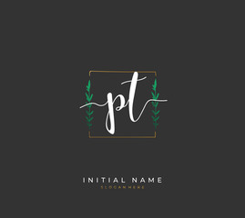 Handwritten initial letter P T PT for identity and logo. Vector logo template with handwriting and signature style.