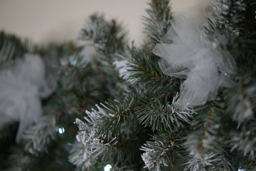 needles, snow, spruce, snowy branches of spruce, branches in the snow, white flowers, decorations, winter, new year, christmas, decorations, snowflakes, garlands, holiday, bloom, frost, spruce decorat