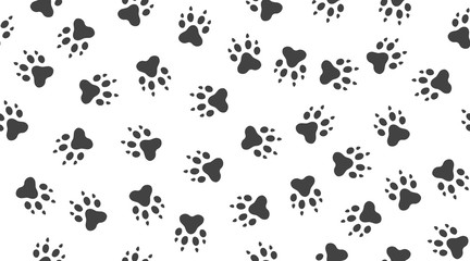 Fototapeta na wymiar Pet paw vector seamless pattern with flat icons. Black white color animal tracks texture. Dog, cat footprint background, abstract foot print silhouette wallpaper for veterinary clinic