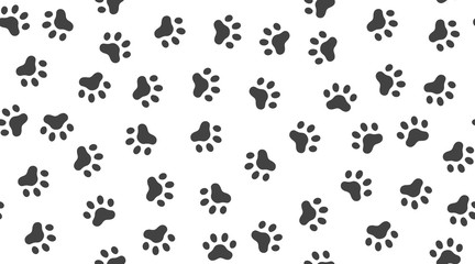 Plakat Pet paw vector seamless pattern with flat icons. Black white color animal tracks texture. Dog, cat footprint background, abstract foot print silhouette wallpaper for veterinary clinic