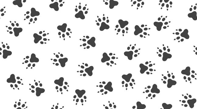 Pet paw vector seamless pattern with flat icons. Black white color animal tracks texture. Dog, cat footprint background, abstract foot print silhouette wallpaper for veterinary clinic