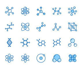 Molecule flat line icons set. Chemistry science, molecular structure, chemical laboratory dna cell protein vector illustrations. Outline signs scientific research. Pixel perfect 64x64 Editable Stroke