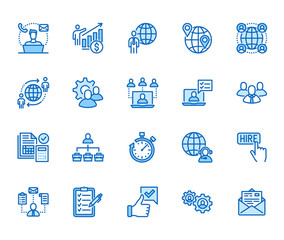 Outsource flat line icons set. Recruitment, partnership, teamwork, freelancer, part and full-time job vector illustrations. Outline pictogram for business. Pixel perfect 64x64. Editable Strokes