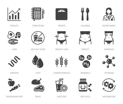 Nutritionist Flat Glyph Icons Set. Diet Food, Nutritions - Protein, Fat, Carbohydrate, Fit Body Vector Illustrations. Black Signs For Overweight Treatment. Silhouette Pictogram Pixel Perfect 64x64