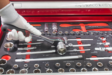 The set of hand tools for to repair. Many wrench and tools close-up in box for to repair the car or replace automotive spare parts, auto parts