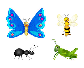 Set of colorful cartoon insects isolated on white background. Butterfly, bee, ant, grasshopper. Flat style. Vector illustration