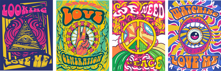Vibrant colorful We Need Peace design in retro hippie style with peace symbol and text over abstract patterns, vector illustration - obrazy, fototapety, plakaty