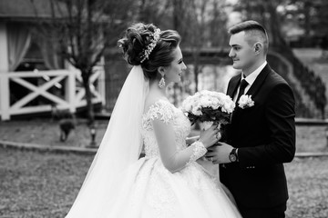 Loving wedding couple outdoor. Bride and groom. Bride and Groom at wedding Day walking Outdoors....