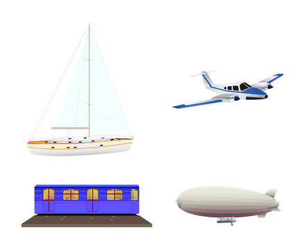 Set of icons of transport modes consisting of the yacht, plane, metro, zeppelin isolated on white background. Flat style. Vector illustration