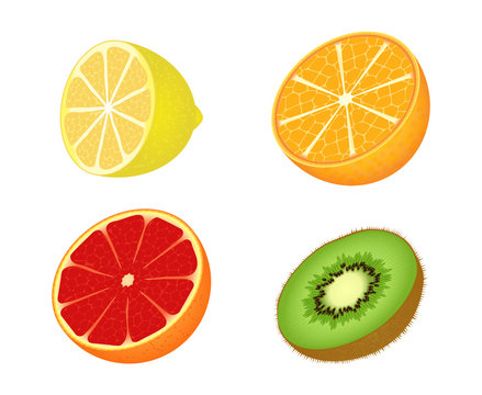 Set icons of fruits consisting of the lemon, orange, grapefruit, kiwi isolated on white background. Flat style. Vector illustration