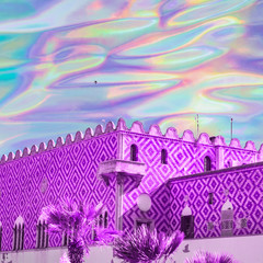 Part of palace and palm trees on psychedelic colorful sky background in holographic style. Travel...