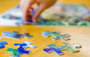 Close-up of a five year old girl collecting children puzzles at home  - 313611393