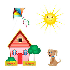 Set Icons Of Kite, Sun, House, Dog Isolated On White Background. Flat style. Vector illustration