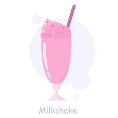 Glass of cold strawberry milkshake with a straw.