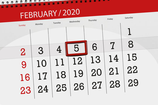 Calendar planner for the month february 2020, deadline day, 5, wednesday