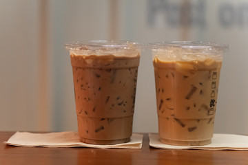 Close up of iced mocha coffee and iced espresso