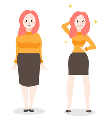 From fat to fit concept. Woman loosing her weight. Slimming progress