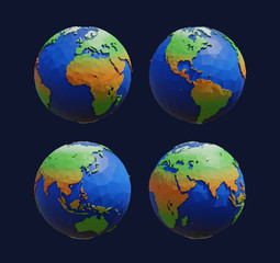 Set of low poly earth planet with continents on dark background. Polygonal globe. 3d render illustration