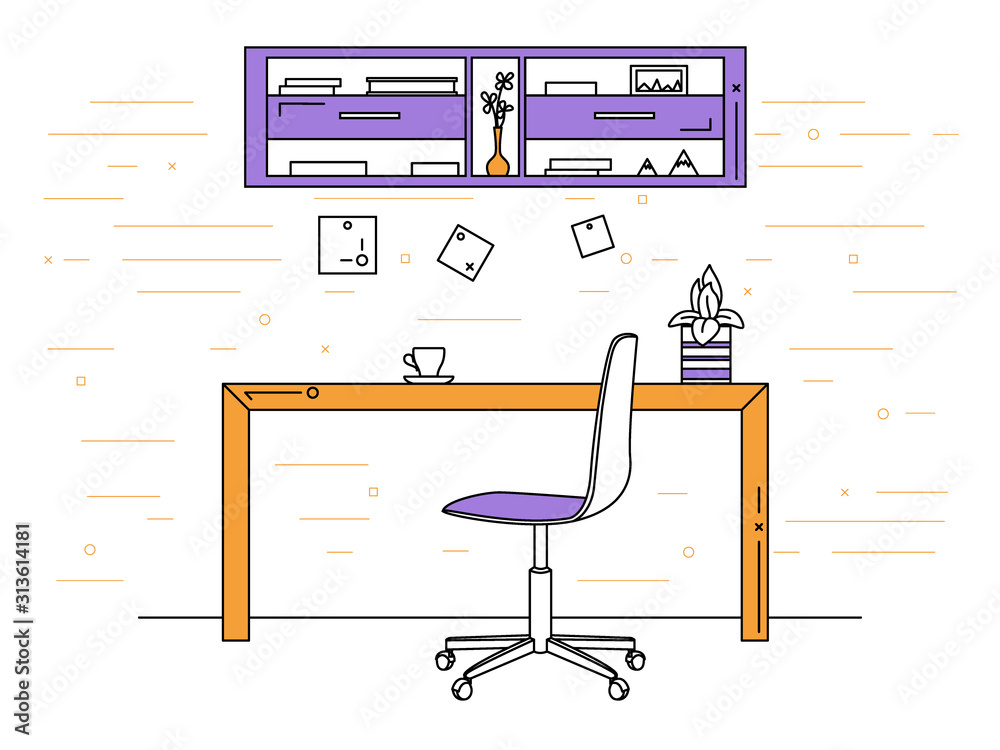 Poster office in a linear style. workplace with a computer.