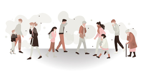 Air pollution and dirty environment danger concept. People wearing mask