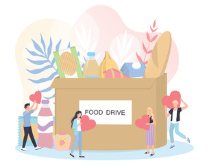 Charity concept. People donate food to help poor people.