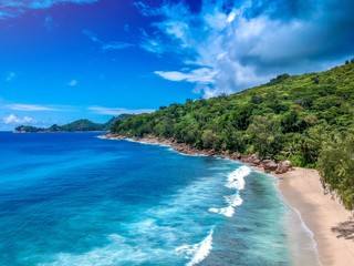 Fototapeta na wymiar Beautiful Beach at the Island Mahe, Seychelles by drone