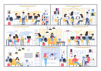 Fototapeta premium Travel agency building interior. People sitting at the desk
