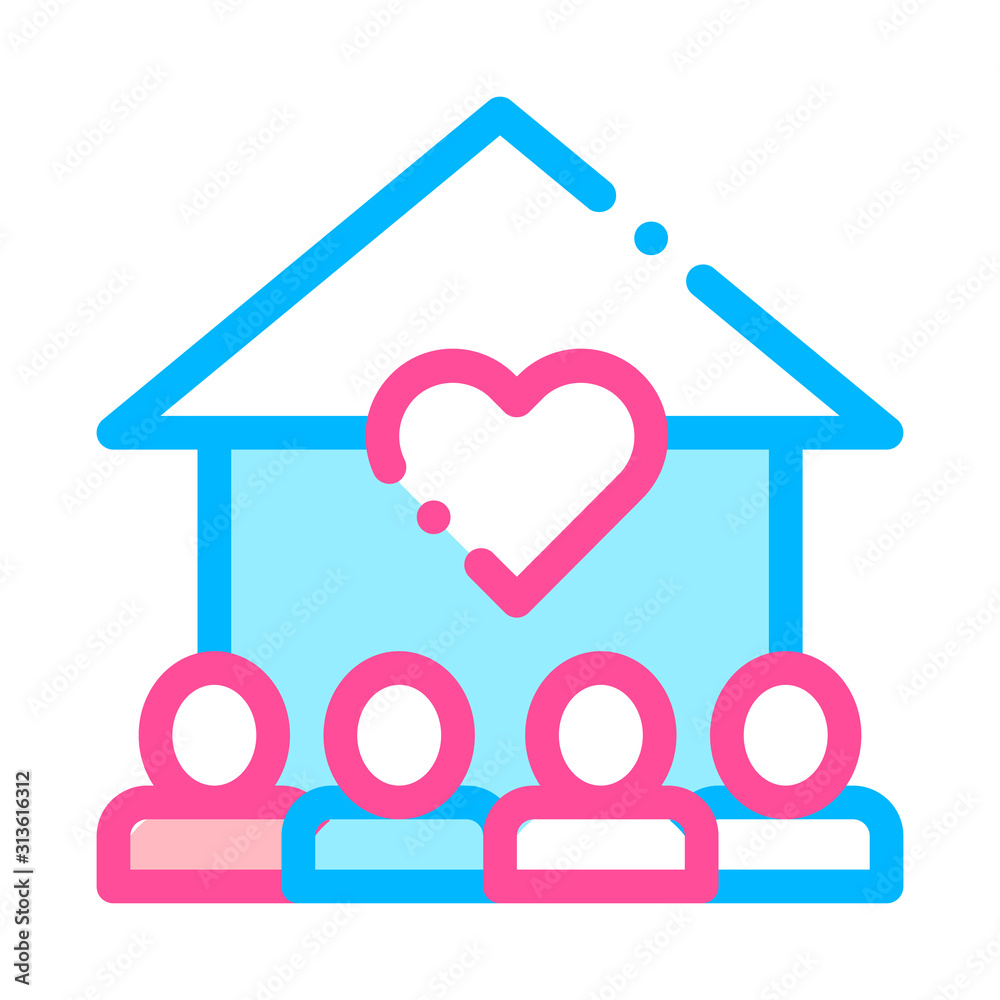 Poster Volunteers Support House Vector Thin Line Icon. Volunteers Support, Charitable Organizations Linear Pictogram. Heart On Building, People Silhouette Blood Donor Illustration