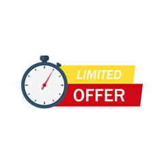 Limited offer button, flat label, alarm clock countdown logo, red sign