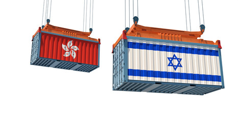 Freight container with Hong Kong and Israel flag - isolated on white. 3D Rendering