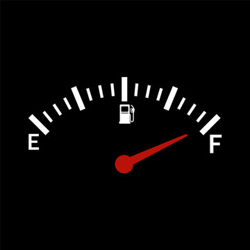 Fuel gauge nearly full with red indicator. Isolated easy to edit vector design on black background.
