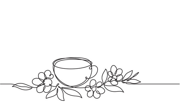 Cup of tea and flowers. Continuous line drawing. Sketch. Herb tea. Healing drink