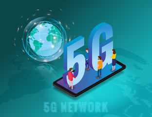 Isometric 5G network wireless technology template. Isometric smartphone with Earth planet