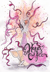 Happy New Year Postcard with Sparkling Wine and glasses (Aquarelle)