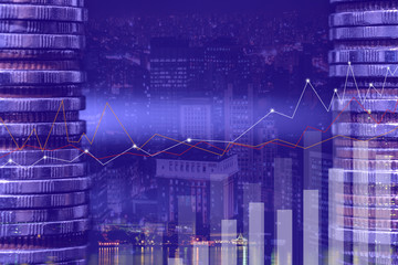 Financial investment concept, Double exposure of city night and stack of coins for finance investor, Forex trading candlestick chart economic , ECN Digital economy, business, Poke lights.