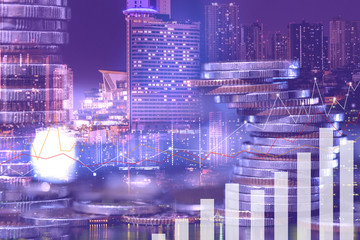 Naklejka premium Financial investment concept, Double exposure of city night and stack of coins for finance investor, Forex trading candlestick chart economic , ECN Digital economy, business, Poke lights.