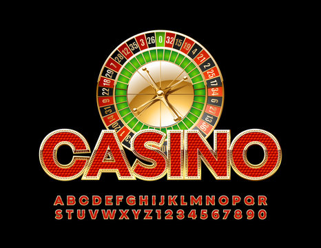 Vector chic Emblem Casino with roulette wheel . Royal Red and Golden Alphabet Letters and Numbers. Luxury Stylish Font.