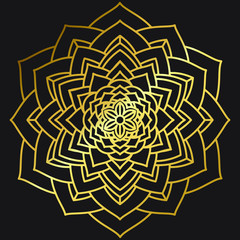 Abstract Petals Leaf Mandala Gold Line On Black Background. Vector Illustration