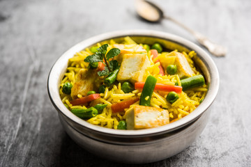 Vegetarian paneer biryani Or Panir Pulav, popular indian food