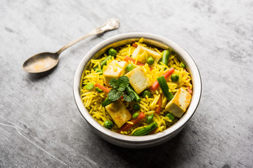 Vegetarian paneer biryani Or Panir Pulav, popular indian food