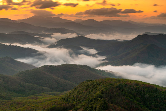 The sunrise on the mountain, Gunung Silipat peaks located in Yala province south Thailand, is one of the highest peaks in south Thailand.