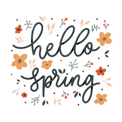 Obraz premium Hello spring lettering inscription with flowers. Love card.